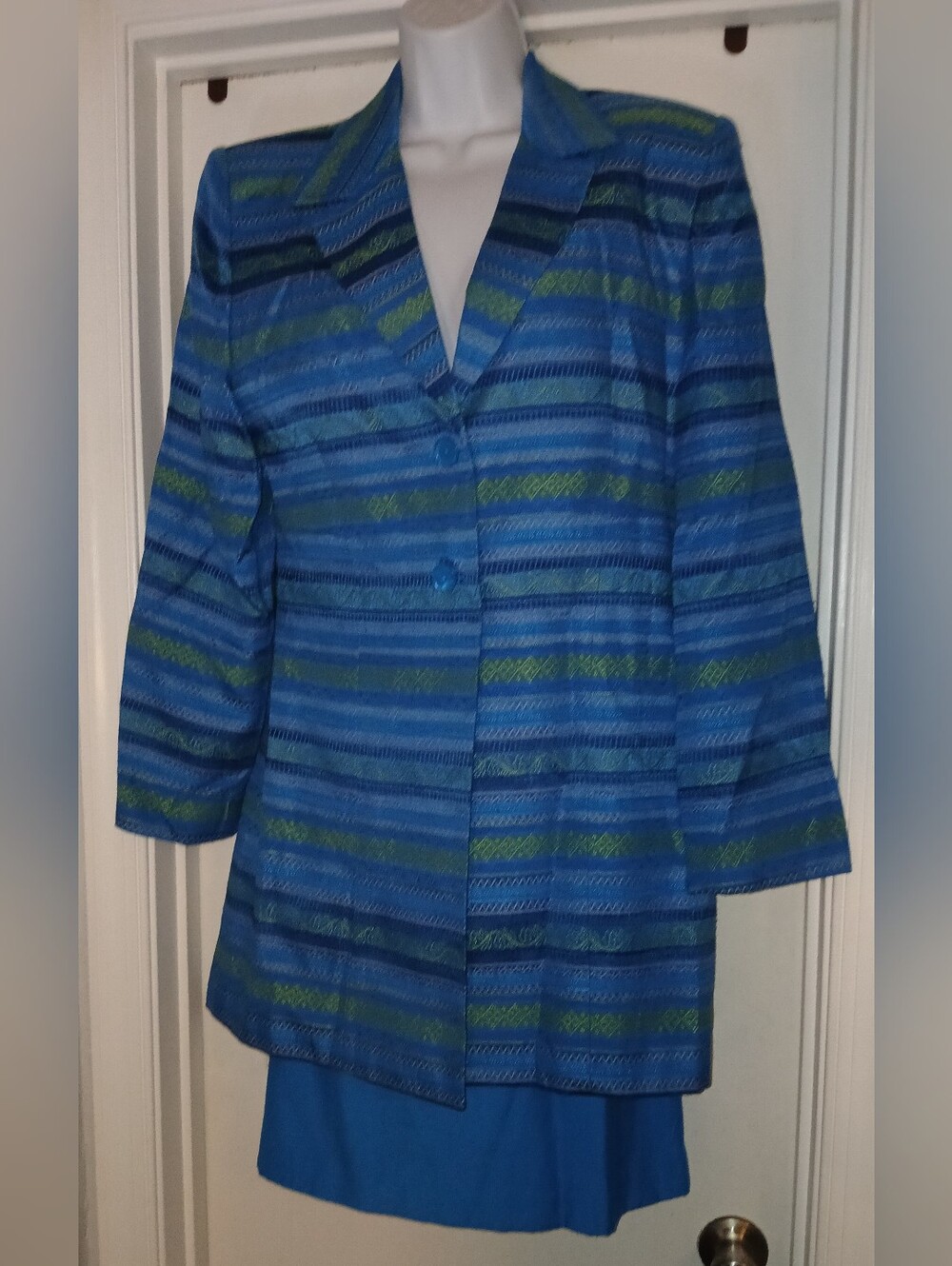 Bundle Pre-loved Blue & Green Striped Women's Blazer Jacket & Skirt Set.